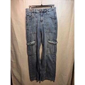 Aeropostale Utility Cargo Blue Jean Wide Leg Mid Rise Denim Women Sz 0 Hipster